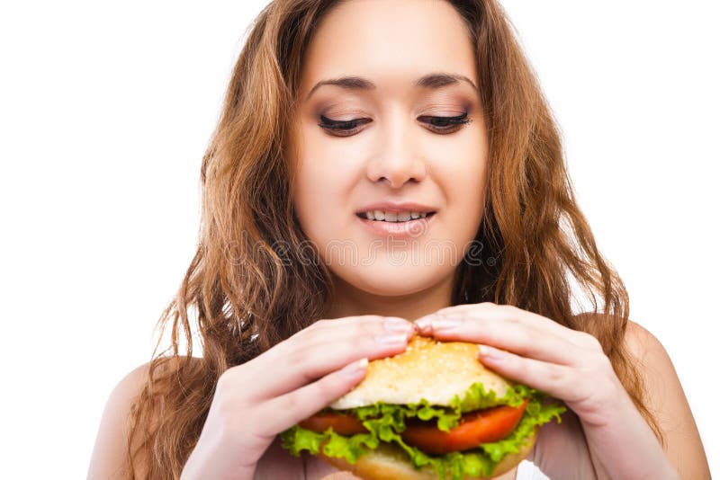 Happy Young Woman Eating Big Yummy Burger Isolated Stock Photo - Image ...