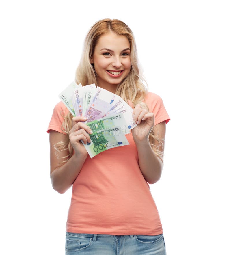 Happy Young Woman With Euro Cash Money Stock Photo Image Of