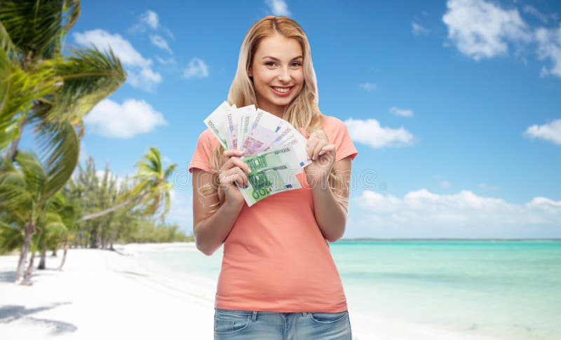 Happy Young Woman With Euro Cash Money