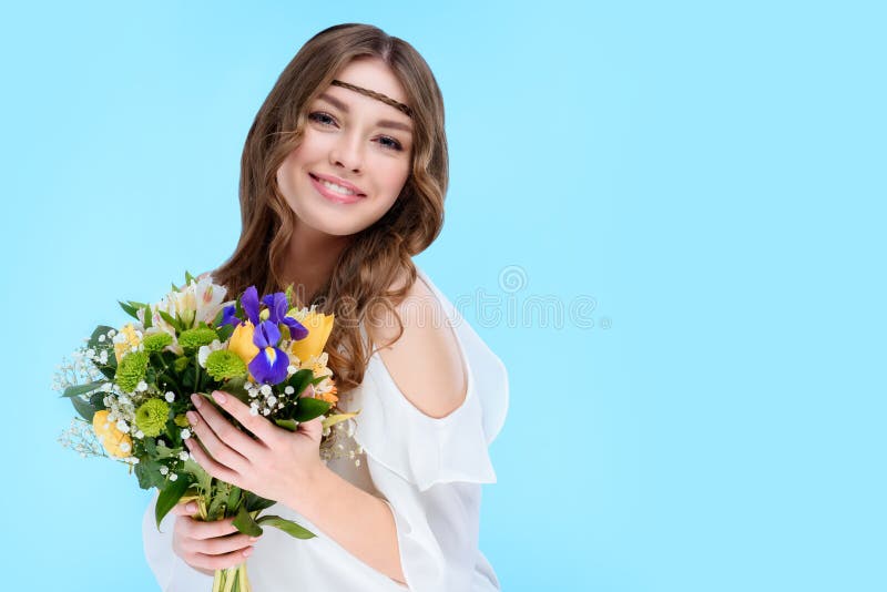 happy young woman holding floral bouquet royalty free stock photo happy young woman holding floral bouquet royalty free stock photo