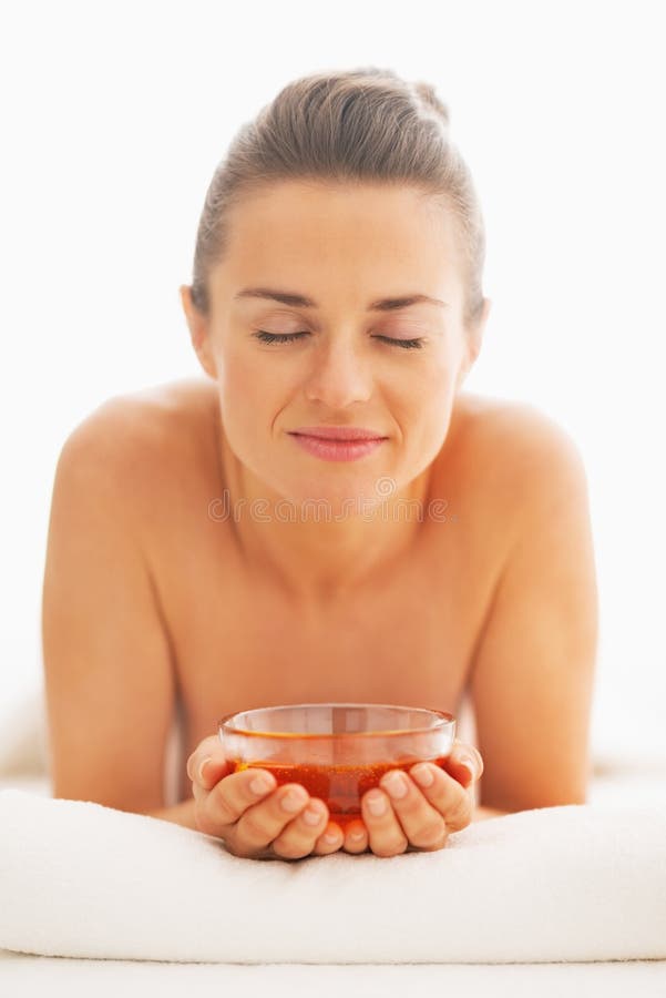 Happy Young Woman Laying On Massage Table With Honey Plate Stock Image Image Of Healthy