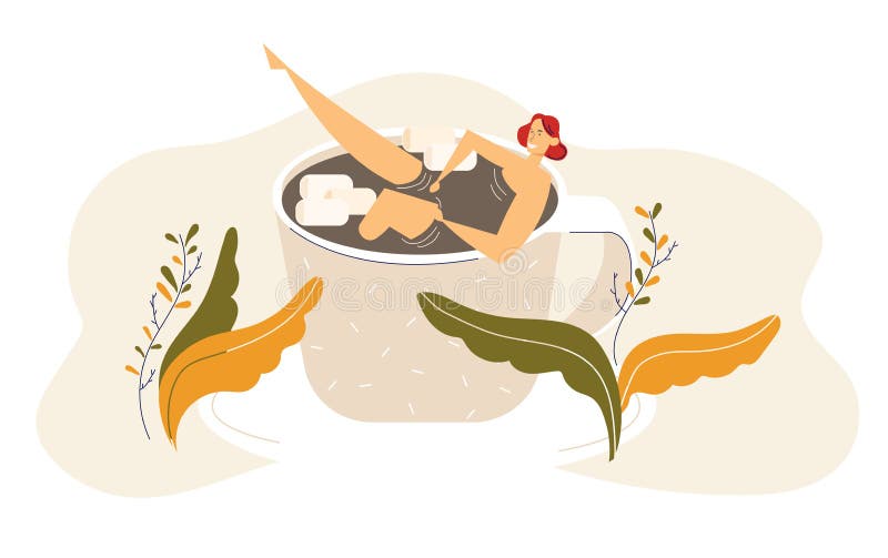 Happy Young Woman Relaxing in Big Coffee Cup. Female Character Bath in Teacup. Pretty Girl Lying in Mug with Hot Drink