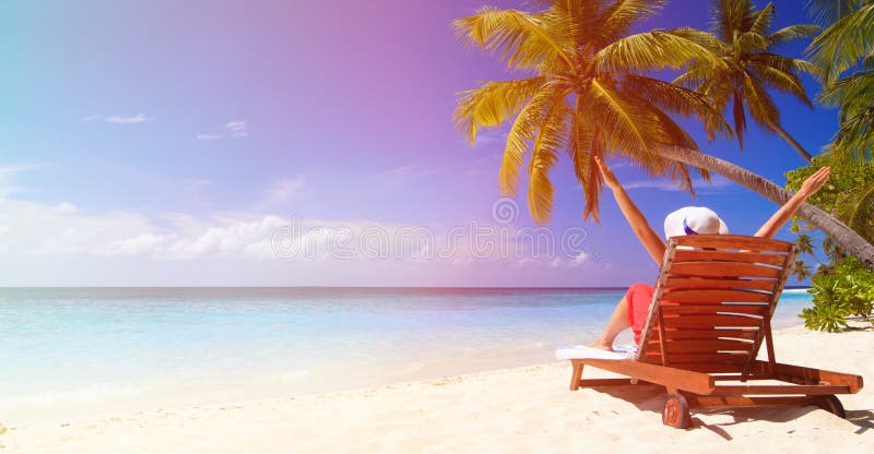 Happy Young Woman Sitting on Chair at Beach Stock Image - Image of ...