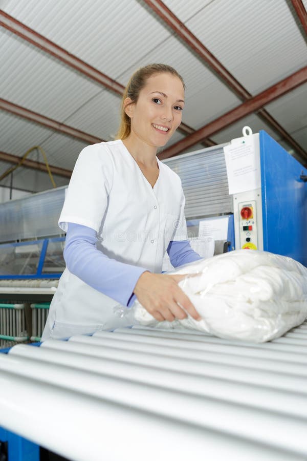 Happy Young Woman Standing at Dry Cleaners Stock Image Image of black
