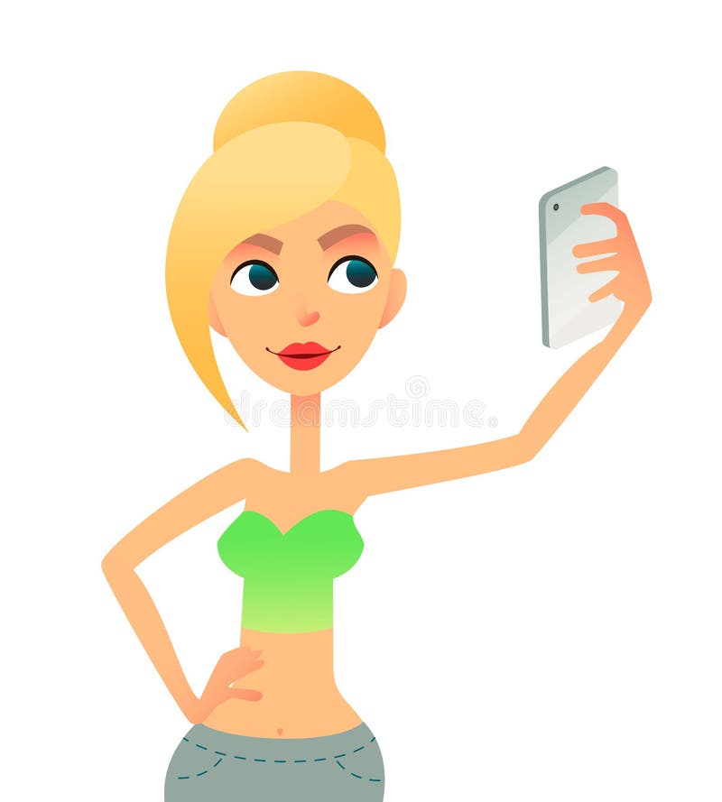 Happy young woman taking selfie to the front of the smartphone . Beautiful girl photografers herself to the phone. A stock illustration Happy young woman taking selfie to the front of the smartphone . Beautiful girl photografers herself to the phone. A stock illustration