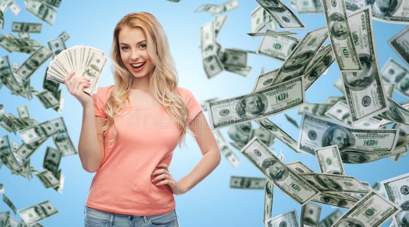 Happy Young Woman With Usa Dollar Cash Money