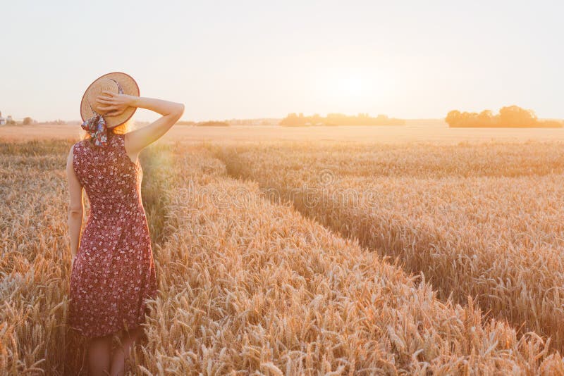 Happy young woman in wheat field by sunset, daydream royalty free stock photography Happy young woman in wheat field by sunset, daydream royalty free stock photography