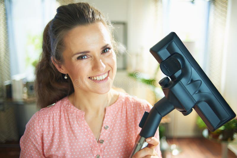 Happy Young 40 Years Old Woman with Vacuum Cleaner Brush Stock Image ...