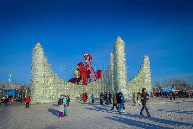 Harbin, China - February 9, 2017: Harbin International Ice and Snow Sculpture Festival is an annual winter festival that stock photos Harbin, China - February 9, 2017: Harbin International Ice and Snow Sculpture Festival is an annual winter festival that stock photos
