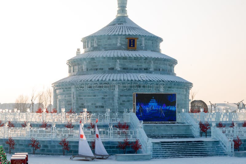 Harbin Ice Festival 2018 -sun through ice - fantastic ice and snow buildings, fun, sledging, night, travel china