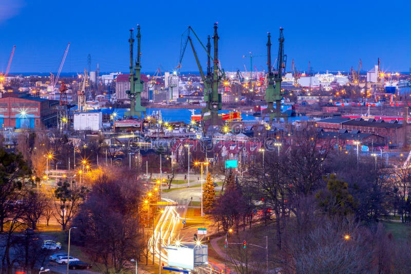 Gdansk shipyard at night.