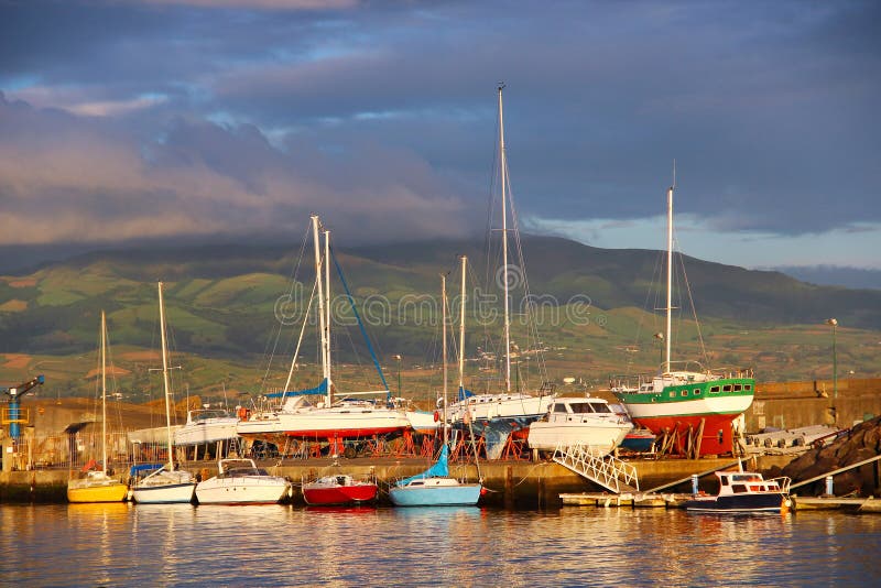 Boats and ships in the harbor of Ponta Delgada on Sao Miguel island, Azores