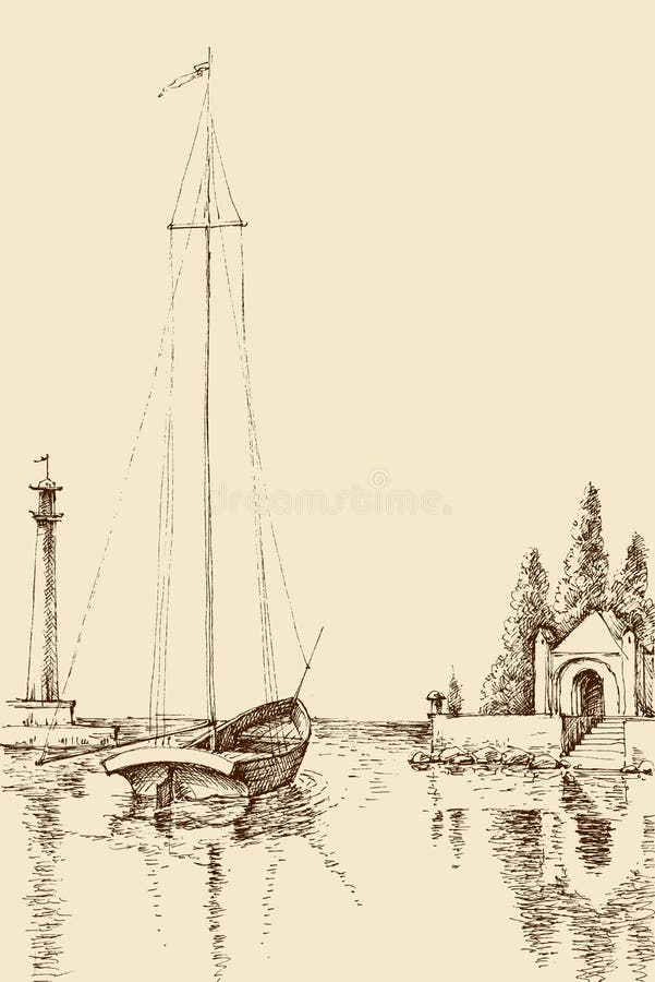 Harbor sketch, boat on sea shore