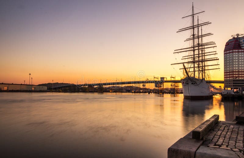Harbour of Gothenburg Early in the Morning with a Sailing Ship Anchored ...