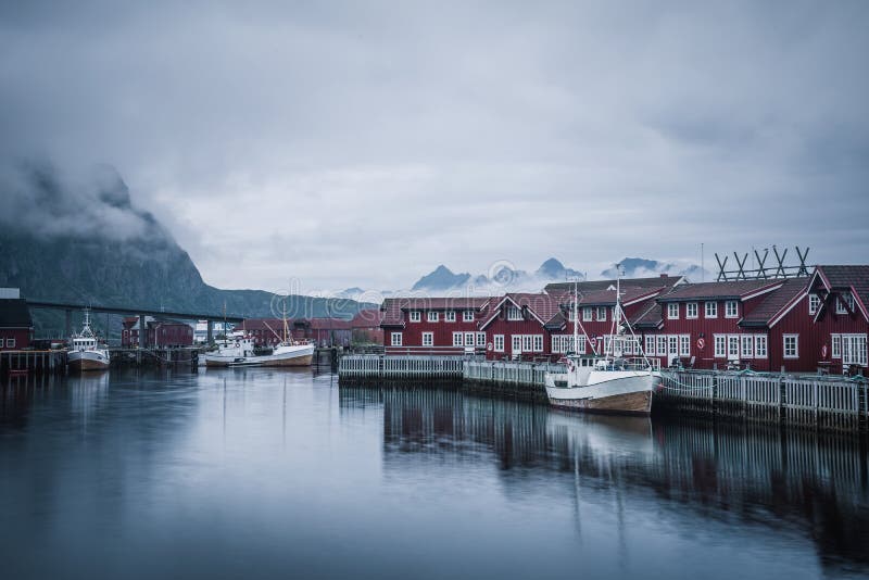 Harbour of the Lofoten village on the rainy day royalty free stock photography Harbour of the Lofoten village on the rainy day royalty free stock photography