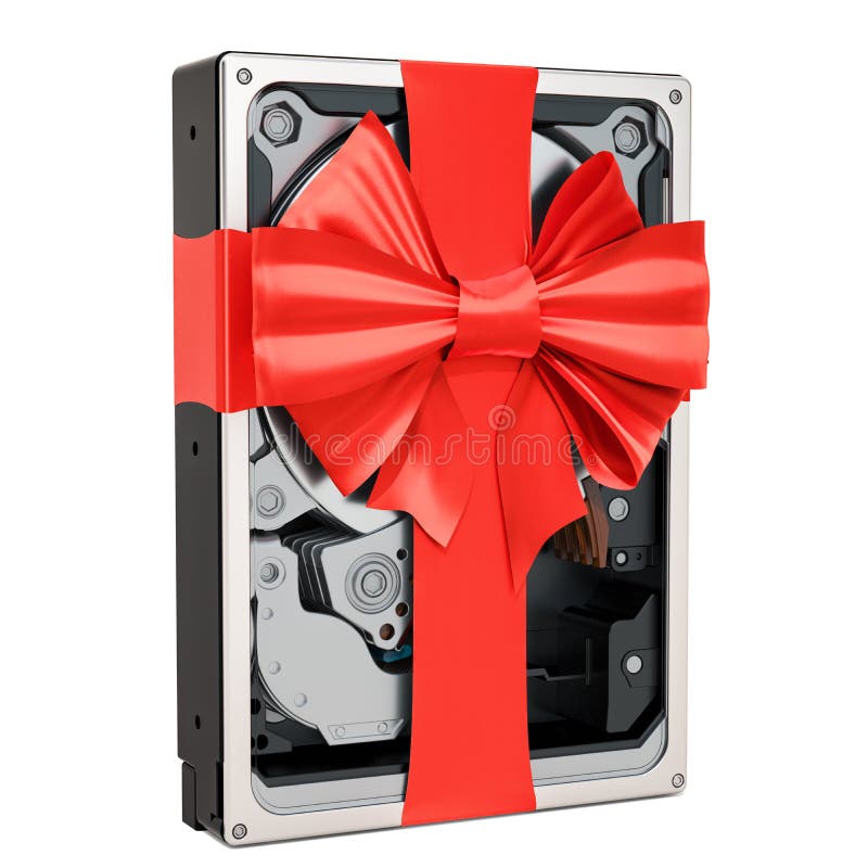 Hard Disk Drive HDD with Ribbon and Bow, Gift Concept. 3D Rend Stock