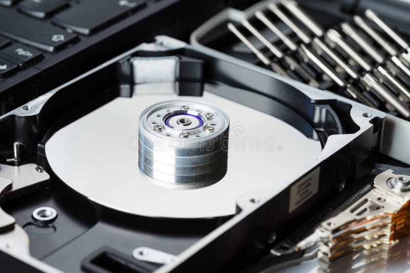 Close drive. Hard Drive inside. Hard Drive Platter Damage.