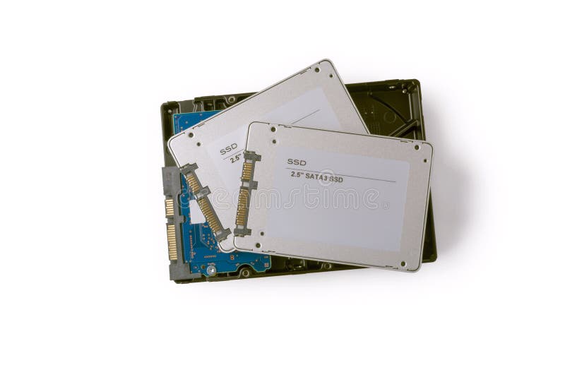 Hard Disks and Solid State SATA Drives on the White Background, Stock