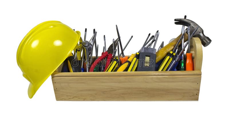 Hard Hat and Long Wooden Toolbox royalty free stock image