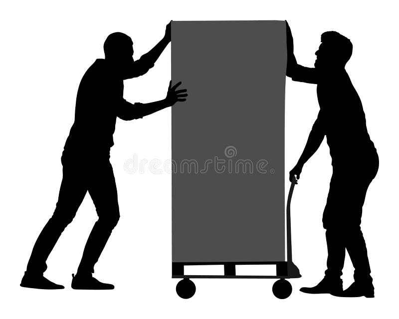 Hard workers pushing wheelbarrow and carry big box vector. Delivery man moving package by cart. Service moving transport.