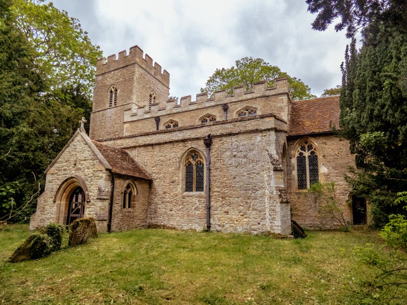 Hardmead, Buckinghamshire/United Kingdom May 5 2019.  St Mary`s Church in the English village of Hardmead between the towns of Newport Pagnell and Bedford in England.  This church no longer has regular services however is a Grade 1 listed building. Hardmead, Buckinghamshire/United Kingdom May 5 2019.  St Mary`s Church in the English village of Hardmead between the towns of Newport Pagnell and Bedford in England.  This church no longer has regular services however is a Grade 1 listed building