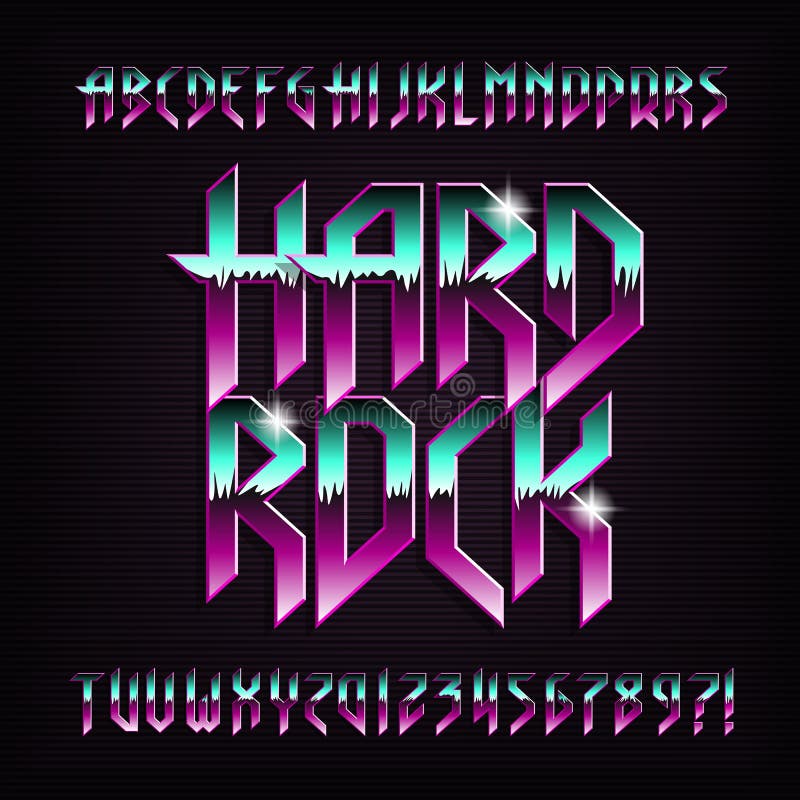 Hard rock alphabet font. Metal effect beveled colorful letters, numbers and symbols. Stock vector typescript for your design. Hard rock alphabet font. Metal effect beveled colorful letters, numbers and symbols. Stock vector typescript for your design.