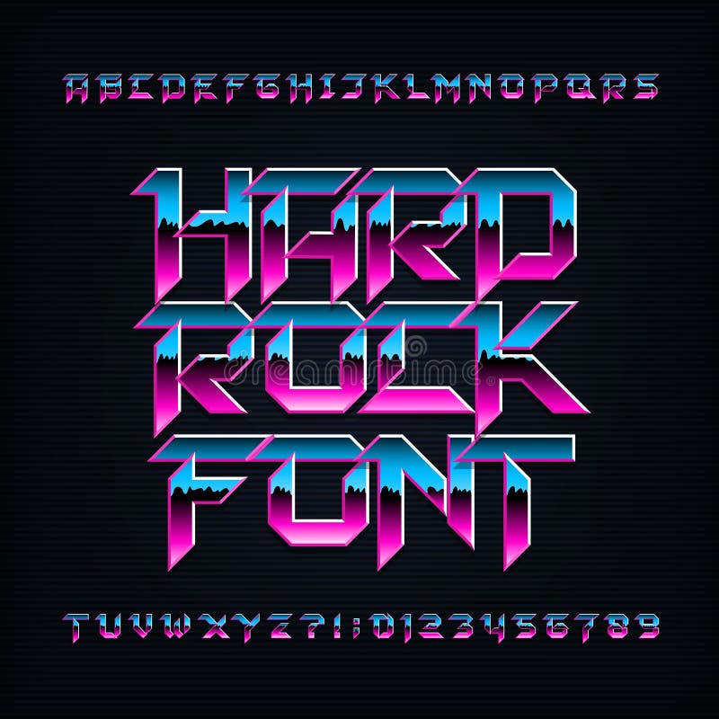 Hard rock alphabet font. Metallic beveled colorful letters, numbers and symbols. Stock vector typescript for your typography design. Hard rock alphabet font. Metallic beveled colorful letters, numbers and symbols. Stock vector typescript for your typography design.