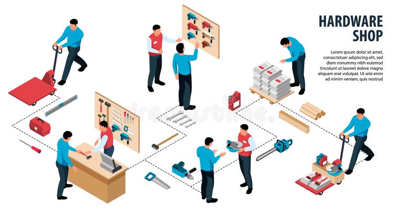 Hardware shop infographics with customers cashier cash desk building tools 3d isometric vector illustration. Hardware shop infographics with customers cashier cash desk building tools 3d isometric vector illustration