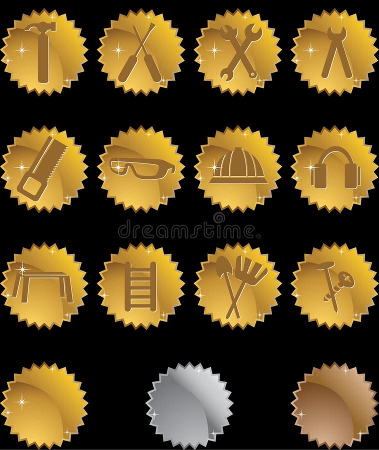 Set of hardware icons in a seal / sticker web button style in gold with sparkle. Set of hardware icons in a seal / sticker web button style in gold with sparkle.