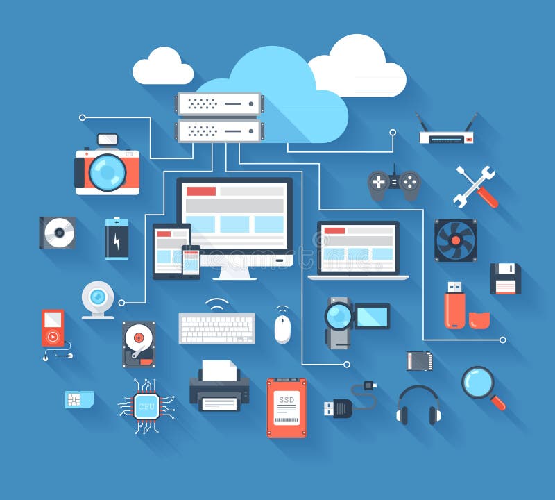 Vector illustration of hardware and cloud computing concept on blue background with long shadow. Vector illustration of hardware and cloud computing concept on blue background with long shadow.