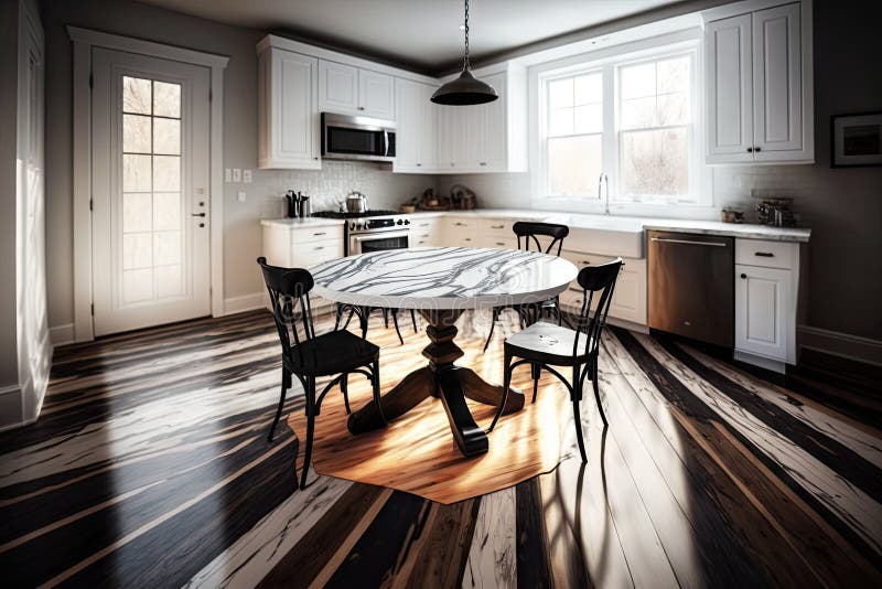 Hardwood Floor of White Kitchen Table with Black Legs Stock