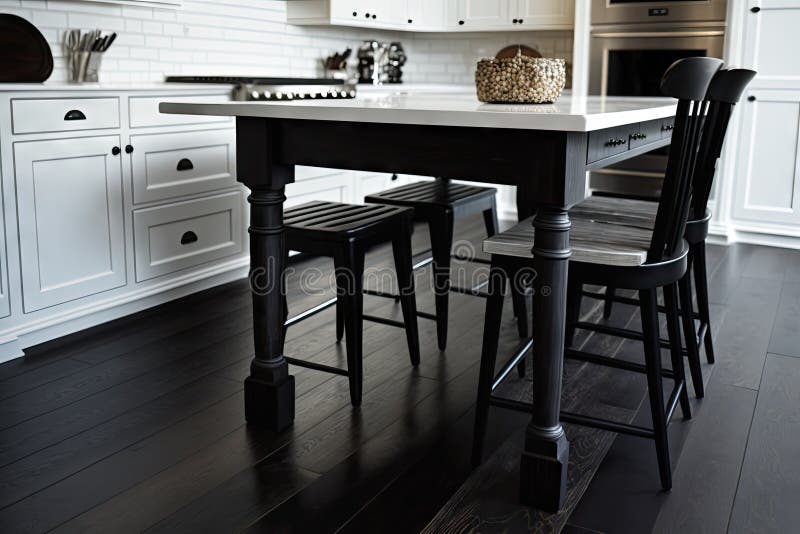 Hardwood Floor of White Kitchen Table with Black Legs Stock
