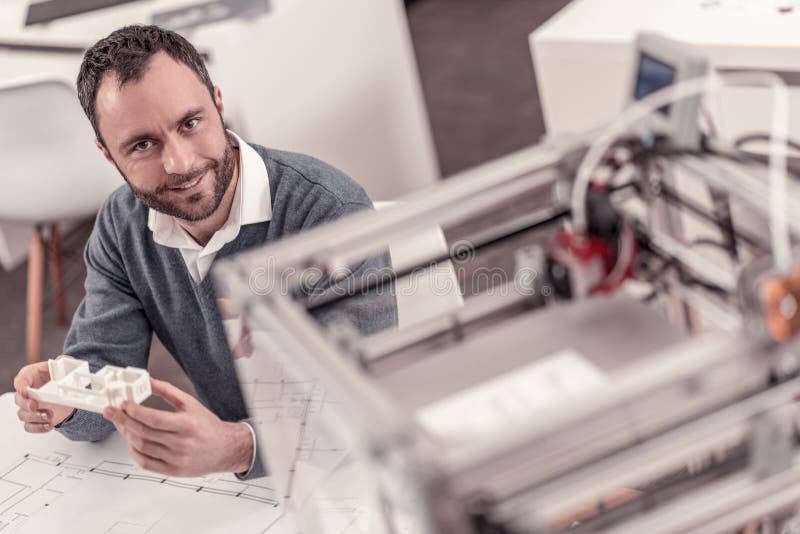 Hardworking Engineer Creating Layouts on 3D Printer Stock Image Image