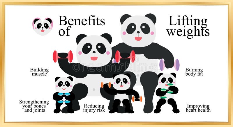 This illustration is design and drawing the benefits of lifting weights with pandas in golden frame. This illustration is design and drawing the benefits of lifting weights with pandas in golden frame.