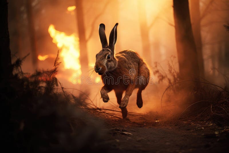 Hare Running From Burning Forest, Generative AI vector illustration