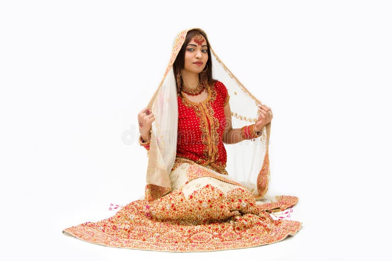 Beautiful harem girl or belly dancer or Hindu bride sitting, isolated