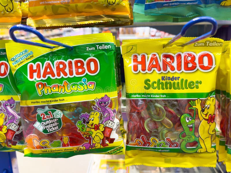 Colorful Haribo Gummy Candy Packs Displayed on Store Shelf
