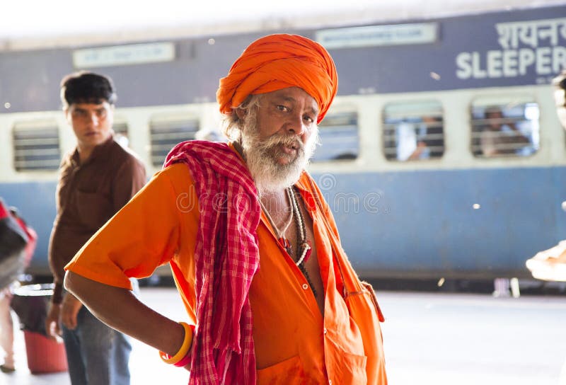 HARIDWAR, INDIA - April 04, 2014 - Sadhu portrait at the railway station. HARIDWAR, INDIA - April 04, 2014 - Sadhu portrait at the railway station