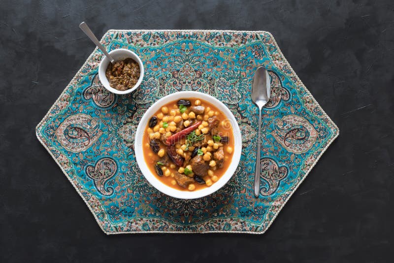 Harissa Lamb with chickpeas and apricots. Top view