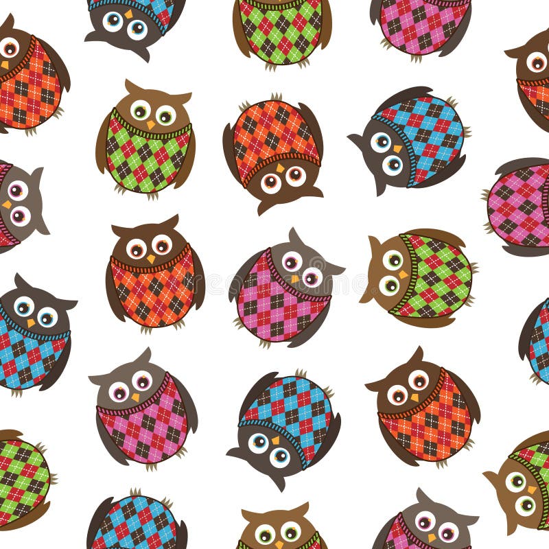 Seamless pattern of owls in harlequin sweaters. Seamless pattern of owls in harlequin sweaters