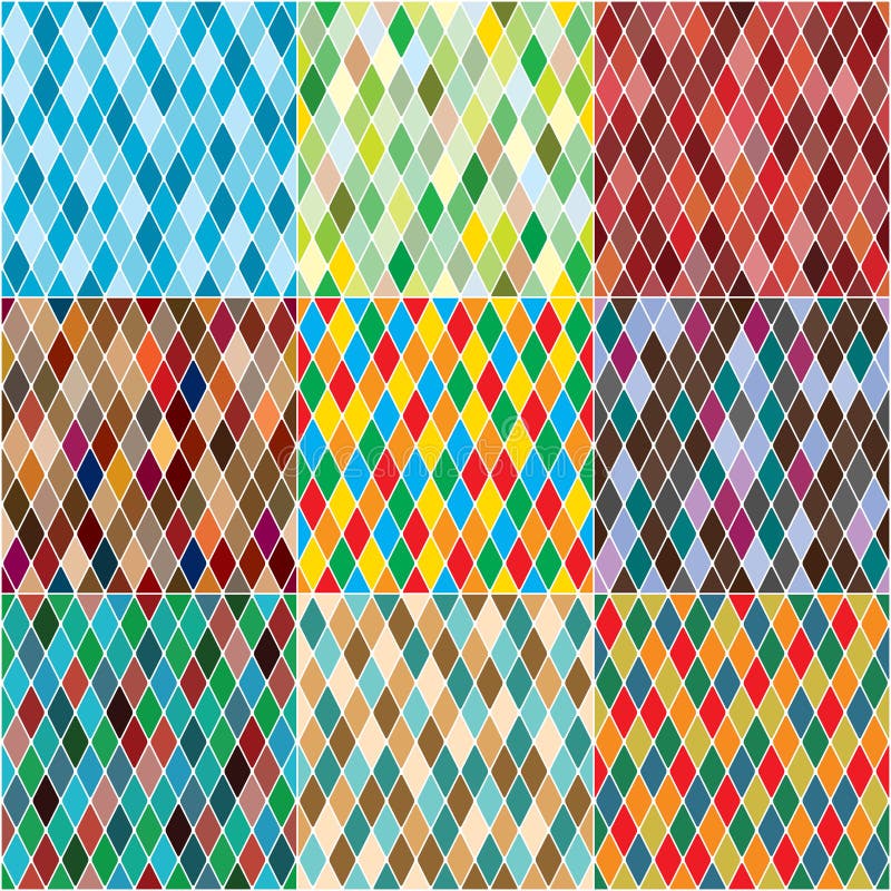 Harlequin&#x27;s polychromatic mosaic patchwork, multi-colored seamless patterns, set of 9 colorful tiles. Harlequin&#x27;s polychromatic mosaic patchwork, multi-colored seamless patterns, set of 9 colorful tiles.