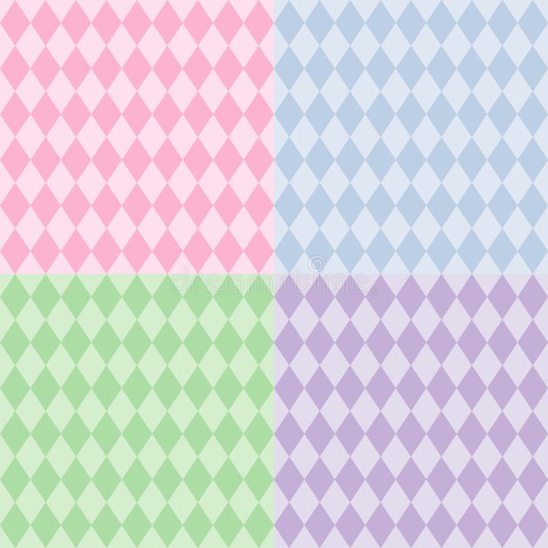 Classic checked diamond shaped harlequin patterns in pastel pink, blue, green & lavender. EPS8 compatible file includes 4 pattern swatches that will seamlessly fill any shape. Classic checked diamond shaped harlequin patterns in pastel pink, blue, green & lavender. EPS8 compatible file includes 4 pattern swatches that will seamlessly fill any shape.