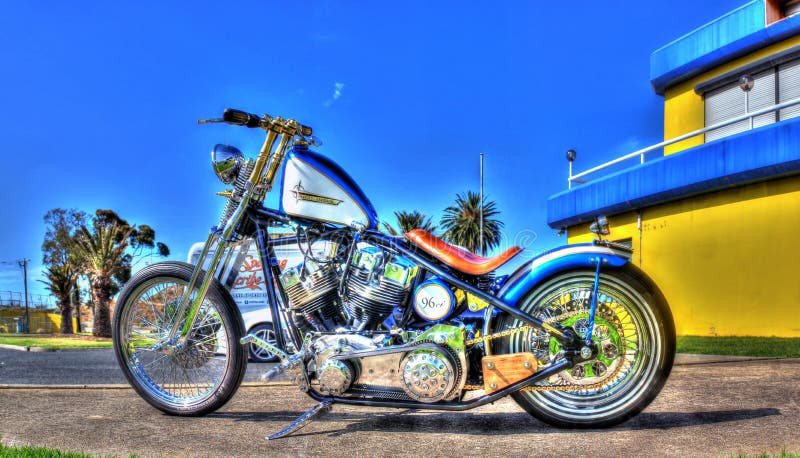 Blue and white Harley Davidson with 96 cubic inch motor on display at car show. Blue and white Harley Davidson with 96 cubic inch motor on display at car show