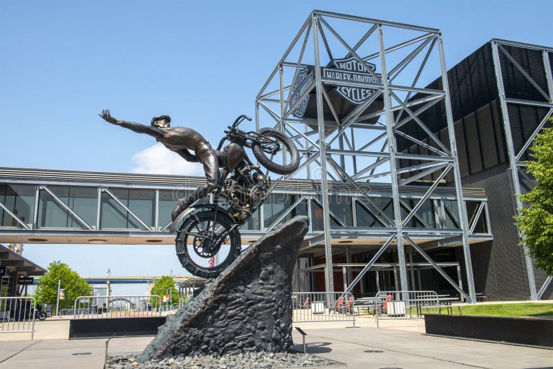 Motorcycle statue outside of the Harley Davidson Motorcycle Museum in Milwaukee, Wisconsin. WI in the United States is a popular travel destination. Motorcycle statue outside of the Harley Davidson Motorcycle Museum in Milwaukee, Wisconsin. WI in the United States is a popular travel destination.