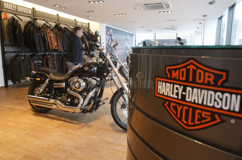 Harley Davidson motorcycles are displayed in a new Harley show room. Harley Davidson motorcycles are displayed in a new Harley show room