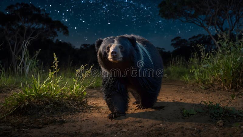 Harmonia nocna : sri lankan sloth niedźwiedź w gwiezdnym raju. Spokojna nocna scena z sri lankan leniwiec wędrujący po spokojnym lesie. niebo wypełnione jest migoczącymi gwiazdami, podczas gdy miękki blask księżyca oświetla niedźwiedzie niedźwiedzie, które świecą sierścią, tworząc łagodny kontrast wobec ciemnego otoczenia. las jest gęsty i pełen sylwetek drzew i liści lekko podkreślonych przez światło księżyca. niedźwiedź rzuca długi cień