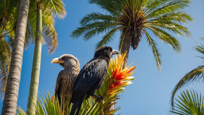 Harmonia tropikalna : rodzime ptaki i nikau palms wśród żywych kwiatów zdjęcia stock