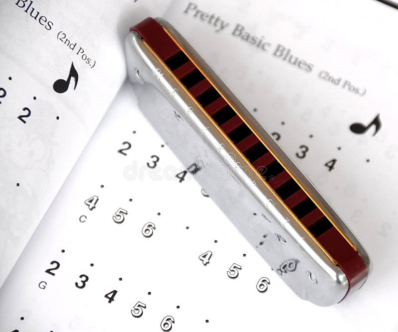 Harmonica or mouth organ on top of basic blues sheet music. Harmonica or mouth organ on top of basic blues sheet music.