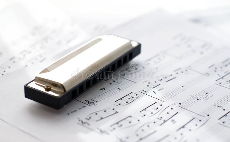 Harmonica on sheets with blues notes lit by sunlight. Harmonica on sheets with blues notes lit by sunlight