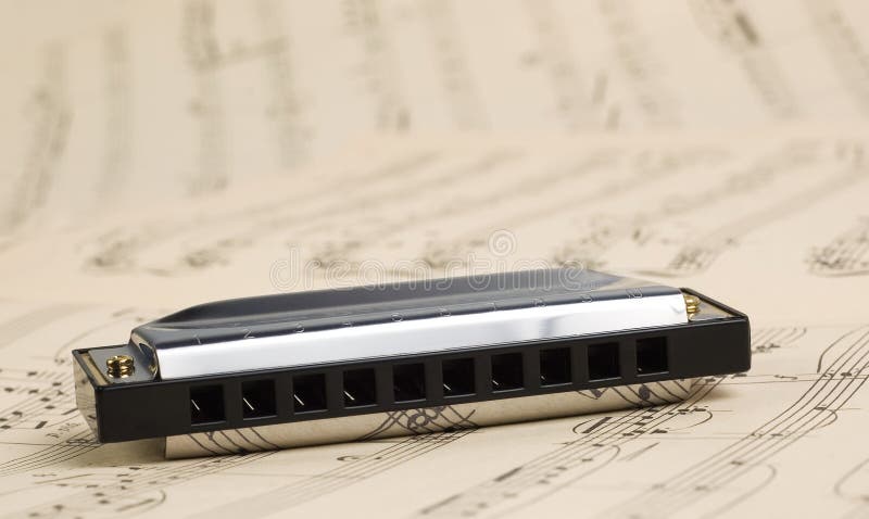 Harmonica on old grunge notes background. Harmonica on old grunge notes background